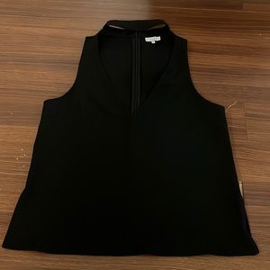 BLACK SILK ZIPPER UP V NECK WITH COLLAR